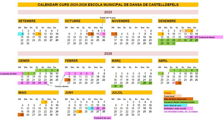 Calendari escolar Escola de Dansa Municipal Castelldefels