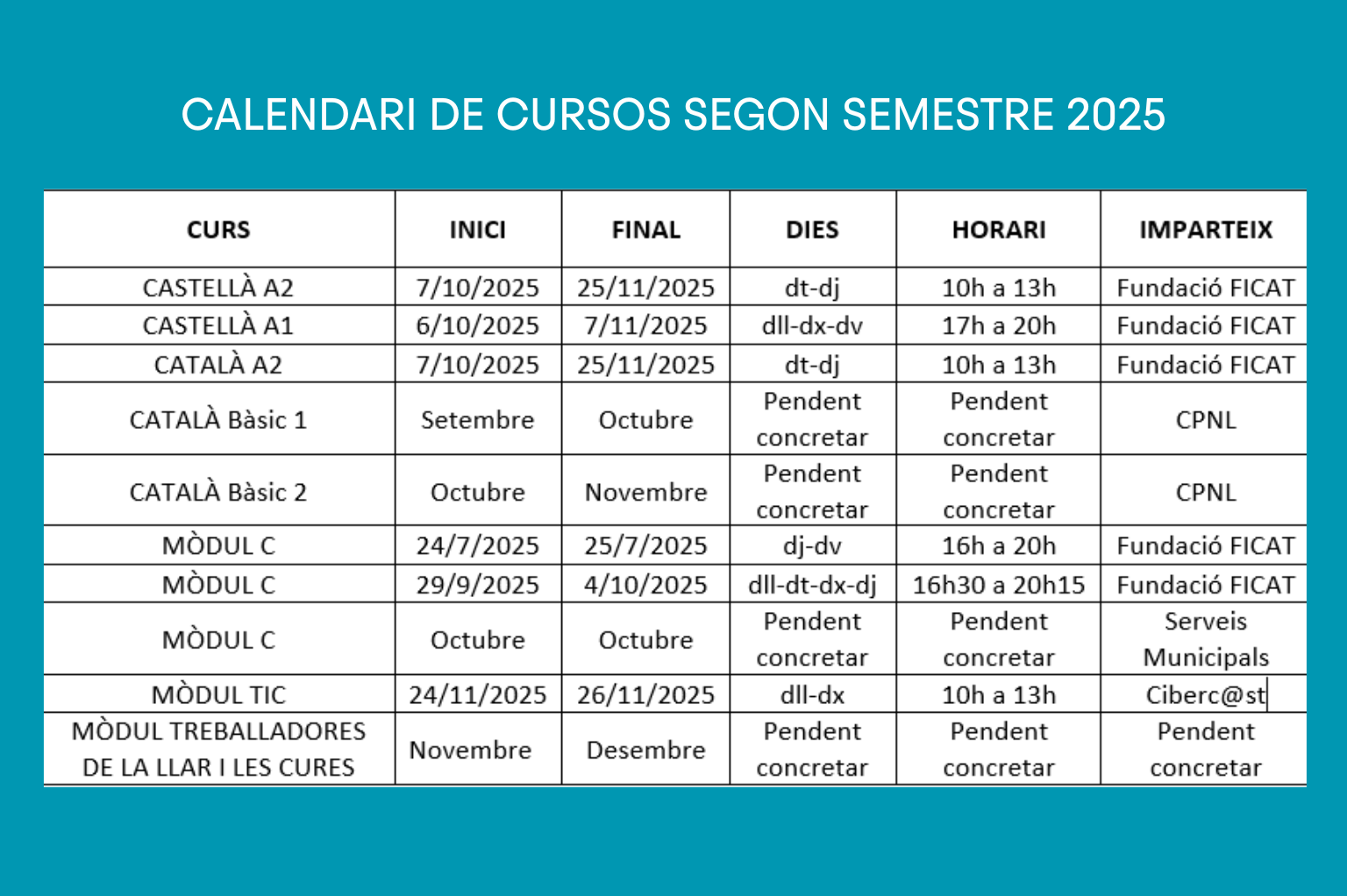 CALENDARIO DE CURSOS SEGUNDO SEMESTRE 2025